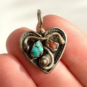 Mexican Inspired Sterling Silver Turquoise & Coral 925 Vintage Pendant Charm